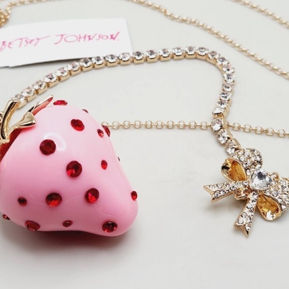 Betsy Johnson Pink Strawberry Red Rhinestone Baby Cakes Necklace Gold Tone New - Picture 6 of 13